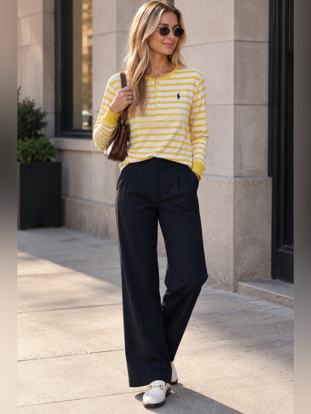 Ralph Lauren Yellow White Striped Ribbed Henley Long Sleeve Top XL Preppy